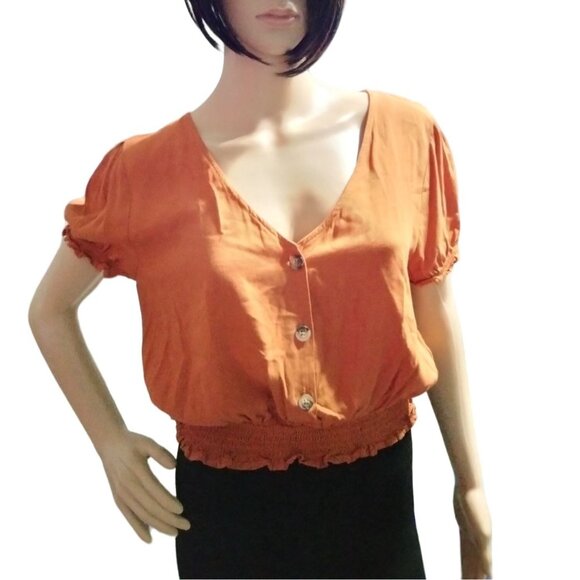One Love Clothing Womens Orange Smocked Crop Top M Button-Down Short Sleeves - Picture 2 of 7